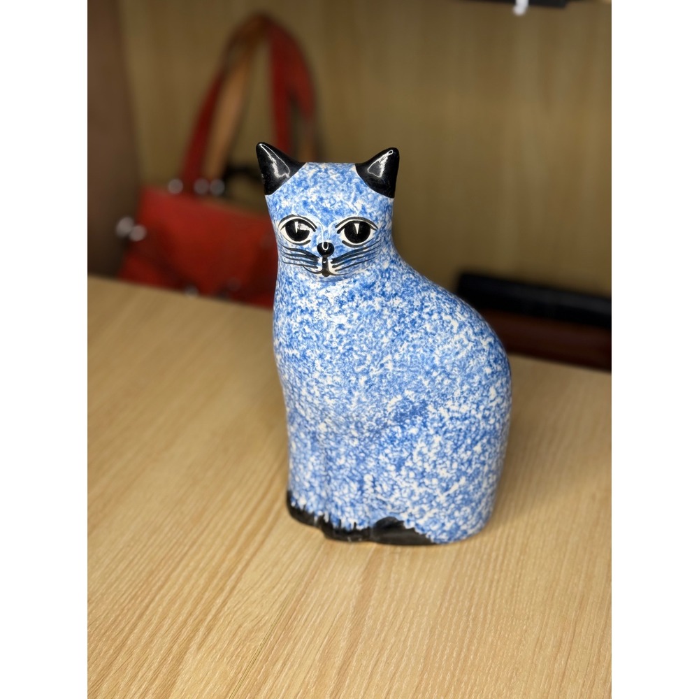 Blue and White Sponged Ceramic Cat Figurine Mid Century Modern Style Decor